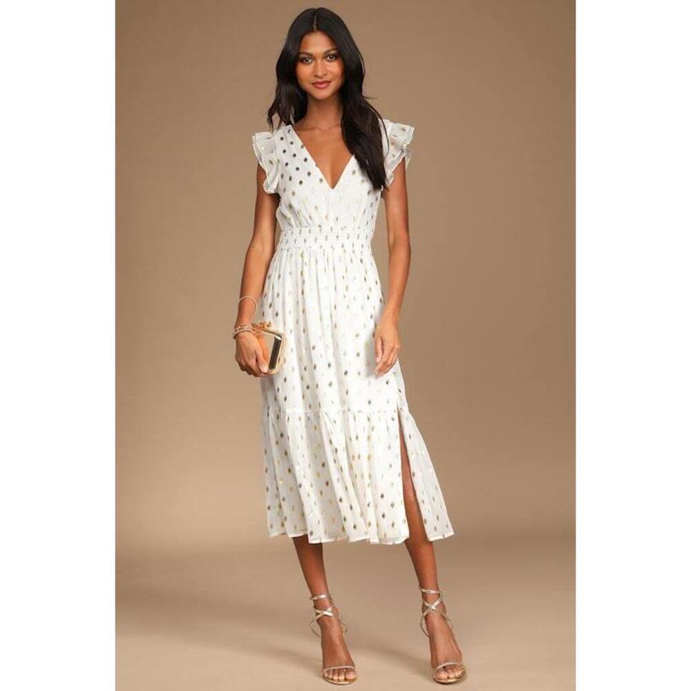 NWT! Lulus Cause To Celebrate White & Gold Dot Ruffled Tiered Midi Dress-Size S